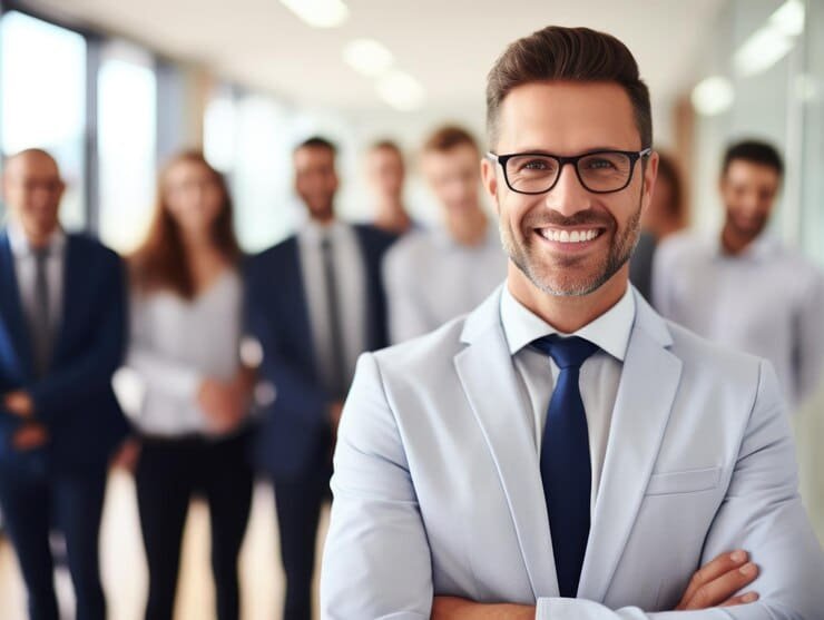 empresário de sucesso na função de trabalho sorriso confiante em ambiente corporativo com equipe feliz