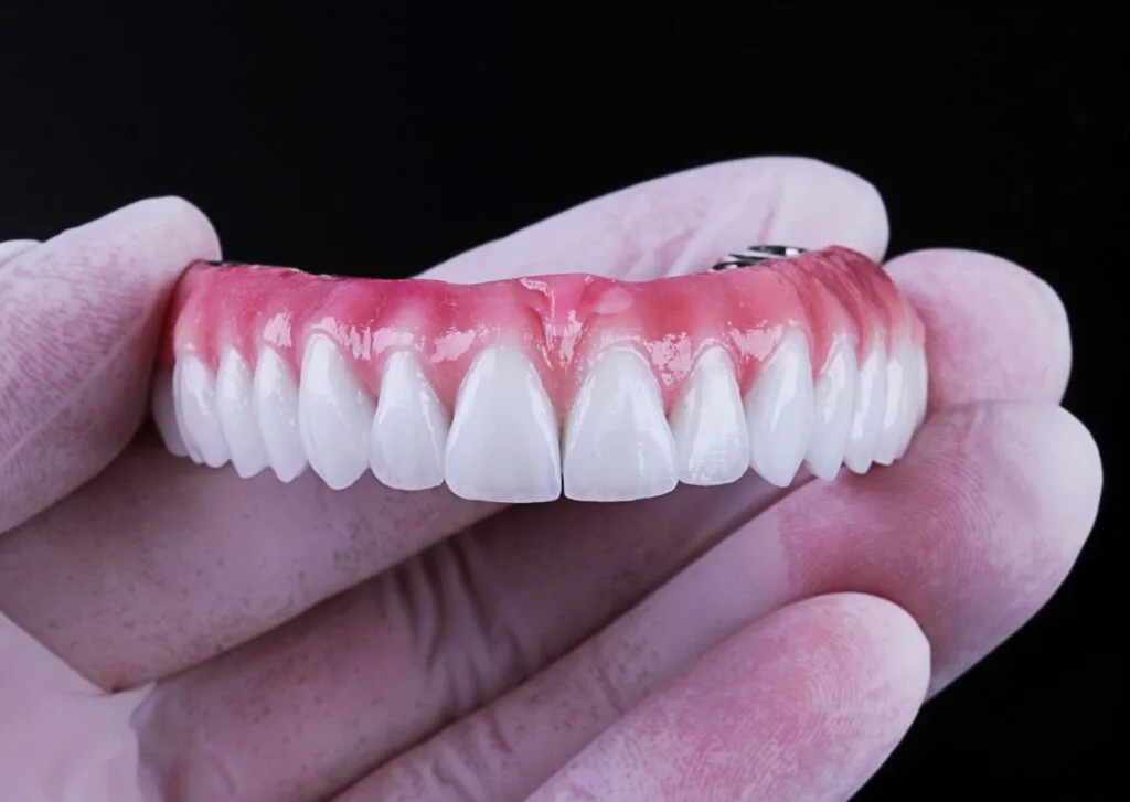 Modelo demonstrativo de prótese dentária sobre implantes, mostrando adaptação e estética.