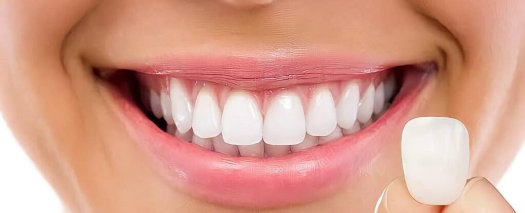 Sorriso com lentes de contato dental aplicadas, evidenciando estética natural e alinhamento perfeito dos dentes.

