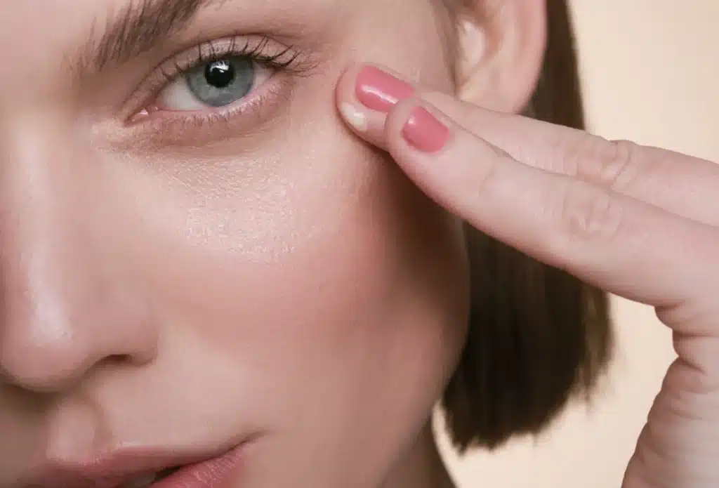 Close-up de mulher com pele clara tocando o rosto — harmonização facial para peles sensíveis.